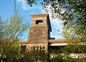 Britannia Bridge limestone tower through trees
